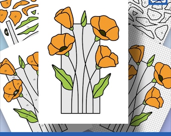 May include: A stained glass pattern of orange poppies with green leaves and stems. The pattern is outlined in black and is ready to be cut out and assembled.
