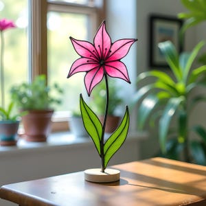 Vitrail motif lys - ornement en verre, panneau de fleurs, art du verre, vitrail fleur, design floral, créations artisanales, Svg, Png, Pdf, Jpg