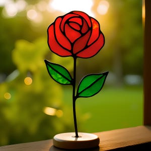 May include: A stained glass rose sculpture with a red rose and green leaves on a black metal stand. The stand has a round base.