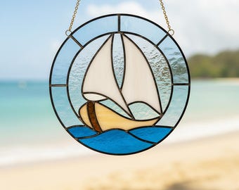 Sailboat Stained Glass Pattern - Nautical Suncatcher, Digital Template Pdf, Svg, Png