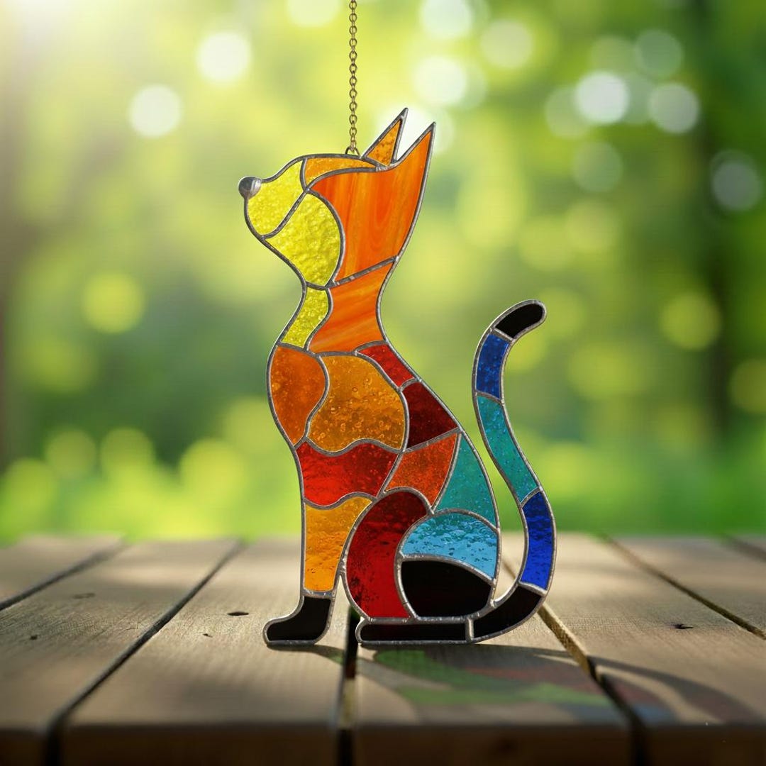 Cat Stained Glass Pattern – Colorful Feline Suncatcher Panel PDF SVG ...