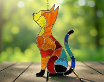 猫のサンキャッチャー ステンドグラスパターン：長毛猫デザイン