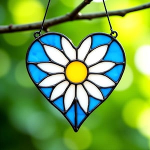 Puede incluir: Decoración de vidriera en forma de corazón con diseño de margarita. El corazón tiene un borde negro, con piezas de vidrio azules, blancas y amarillas. La margarita tiene pétalos blancos y un centro amarillo. Se adjunta un alambre negro para colgar.