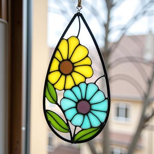 Bijoux fleur motif vitrail - attrape-soleil, floral, art du verre, art du vitrail, vitrail fleur, décoration printanière, Pdf, Svg, Png