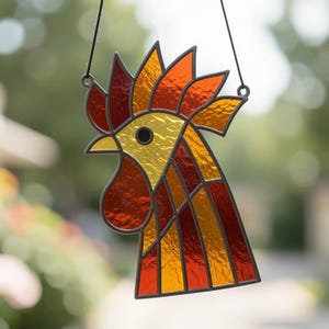 Può includere: Un acchiappasole in vetro colorato a forma di testa di gallo, caratterizzato da segmenti vibranti di vetro rosso, arancione e giallo tenuti insieme da profili in metallo scuro. Il design include una cresta prominente, un becco e un occhio nero.