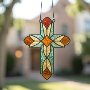 Pode incluir: Uma cruz de vitral suspensa com um diamante central laranja rodeado por segmentos de vidro em forma de pétala em tons de âmbar, amarelo e verde claro. As peças de vidro são unidas por linhas de solda de metal escuro e um cordão preto.