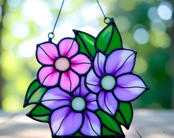 Blumen Suncatcher Buntglasmuster, Glasmalerei, digitale Blumenkunst, Buntglasblume, Gartendekorgeschenk PdfSvg Png Jpg