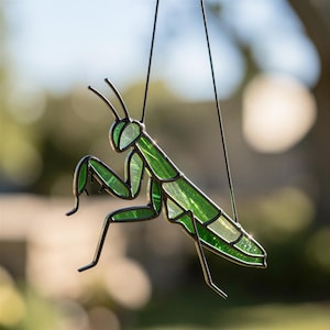 May include: A stained glass suncatcher shaped like a praying mantis, featuring vibrant green glass panels held together by dark metal solder lines. The insect figure is suspended by a thin black cord, showcasing its distinct head, legs, and wings.