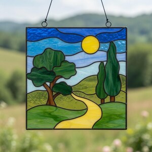 Winding Path Stained Glass Pattern, Digital SVG PNG PDF, Landscape Suncatcher Template