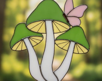 Forest Mushrooms Stained Glass Pattern - Suncatcher, Digital Template PDF, SVG, PNG