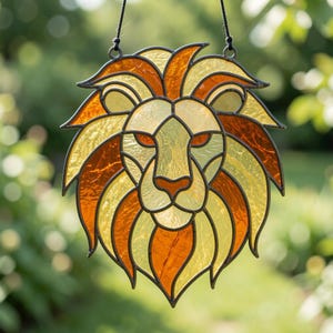 Könnte beinhalten: Ein Buntglas-Suncatcher in Form eines Löwenkopfes mit strukturierten Glasscheiben in Bernstein-, Gold- und Gelbtönen. Das Löwengesicht ist mit dunklen Metalllötstellen umrandet und hängt an einer schwarzen Schnur zur Fensterdekoration.