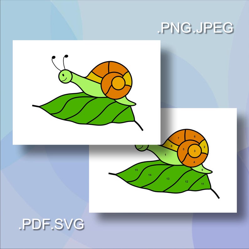 Puede incluir: Una hoja de actividad de colorear por n&uacute;meros con un caracol de dibujos animados en una hoja verde. La concha del caracol est&aacute; dividida en 15 secciones numeradas.