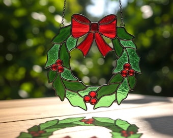 Christmas Wreath Stained Glass Pattern - Suncatcher, Digital Template Pdf, Svg, Png