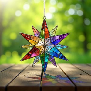 May include: A colorful stained glass star ornament with a metal frame, suspended by a thin string. The star features a vibrant array of colors, including red, orange, yellow, green, blue, and purple. The ornament is displayed outdoors, casting a shadow on a wooden surface.