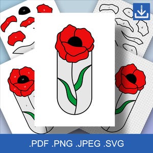 Stained Glass Pattern Poppy Flower Panel Beginner, Simple, Printable PDF, SVG, Instant Download, Glass Pattern, Poppy Flower Design