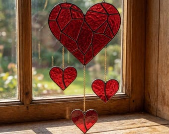 Hanging Hearts Stained Glass Pattern - Heart Suncatcher, DIY Template Pdf, Svg, Png