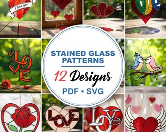 Romantic Stained Glass Patterns - Suncatchers, Valentine's Day Decor, Bundle Designs (Pdf, Svg)