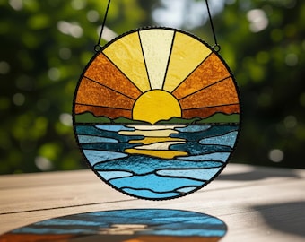 Sunset Stained Glass Pattern - Ocean Suncatcher, Digital Template Pdf, Svg, Png