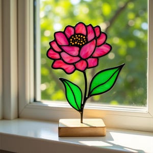 Vitrail motif pivoine - décoration en verre, panneau de fleurs, art du verre, vitrail fleur, design floral, créations artisanales, Svg, Png, Pdf, Jpg