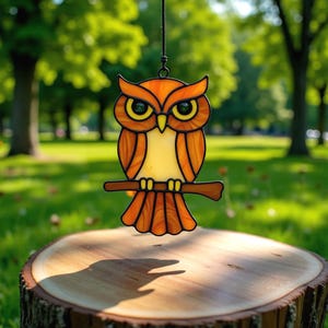 May include: A stained glass owl suncatcher in shades of orange, yellow, and brown, perched on a brown branch. The owl has large yellow eyes and is hanging from a black string. The background is a blurred green park scene.