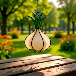 Op de afbeelding: Een hangend ui-vormig ornament van glas in lood, crème van kleur met groene bladeren en zwarte contouren. Het ornament hangt aan een zwart draad. De achtergrond is een vage buitenscène met bomen en bloemen, wat een tuin suggereert.