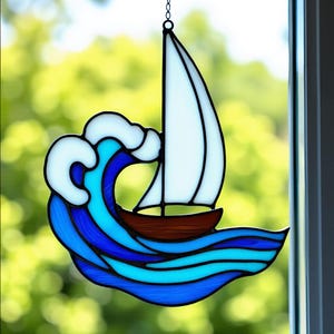Stained Glass Patterns Suncatcher Sailboat – Sun catcher, Ocean, Coastal Decor, Garden Decor, Boat, Sailboat, Svg, Pdf, Png, Jpg