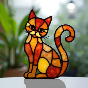 Op de afbeelding: Een kattenfiguur van gekleurd glas in rood, oranje en gele tinten. De kat zit met zijn staart om zijn lichaam gekruld.