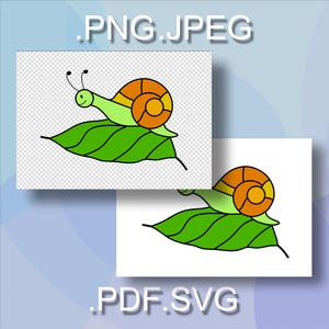 Puede incluir: Un caracol verde con una concha naranja est&aacute; arrastr&aacute;ndose sobre una hoja verde. El caracol est&aacute; delineado en negro y tiene una peque&ntilde;a boca negra. La hoja est&aacute; delineada en negro y tiene un borde ondulado.