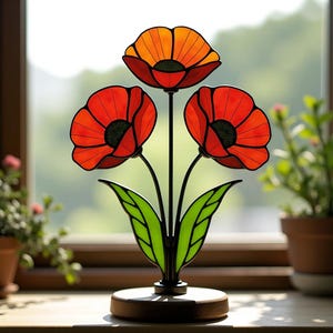 Stained Glass Pattern Poppy – Glass Ornament, Poppy Glass Art, Flower Panel, Stained Glass Project, DIY Glass Craft, Svg Png Pdf