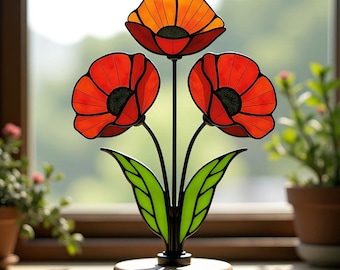 デジタルダウンロードパターンステンドグラスポピーの花PUN86、DIY