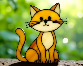 Glas-in-loodpatronen met kattenmotief - Dierenraamhanger, digitale sjabloon in SVG, PDF en PNG-formaat.
