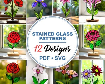 Floral Stained Glass Patterns - Flower Suncatchers, Bundle Designs (Pdf, Svg)