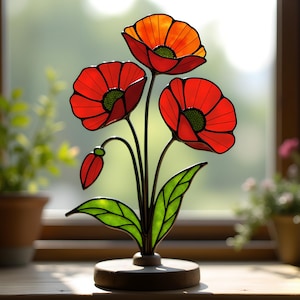 Stained Glass Pattern Poppy – Glass Ornament, Poppy Glass Art, Flower Panel, Stained Glass Project, DIY Glass Craft, Svg Png Pdf