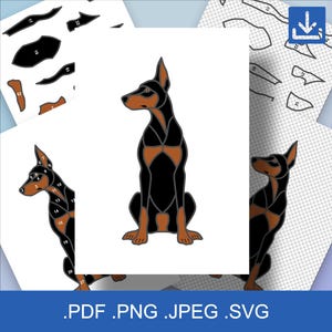 May include: A black and brown Doberman Pinscher dog sitting with its legs crossed. The dog is outlined in black and filled in with brown and black colours. The dog is looking to the left.