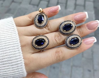 Authentic Turkish Handmade Hurrem Style Silver Sapphire  Jewelry Set, Sapphire Women Ring, Sapphire Women Earring, Sapphire Women Pendant