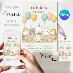 Modèle de toile d'invitation d'anniversaire chat modifiable, invitation numérique à une fête sur le thème chat, êtes-vous chaton moi, carte chaton, premier anniversaire patte