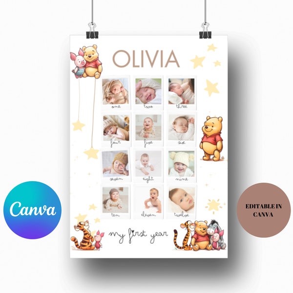 Winnie the Pooh Baby's First Year Photo Poster - Customizable 18x24 - Instant Download! - Edit in Canva - PNG,SVG,PDF