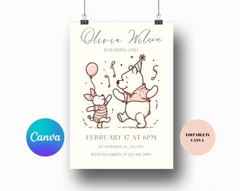 Winnie The Pooh Themed Digital Birthday Invitation | Custom Design | 5x7 Inches | Editable on Canva | JPG, PNG, PDF