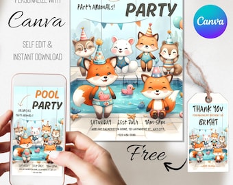 Editable Animals Pool Party Invitation, Kids Birthday (Digital Invite)