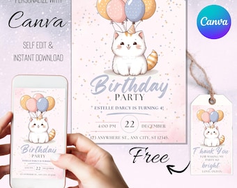 Cute Kitty Cat Birthday Invitation, Girls Party (Canva Template)