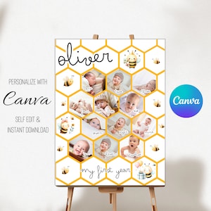 Póster editable del primer año de la abejita, póster mensual personalizado del primer cumpleaños, fotos del día de la abejita, letrero con collage de fotos, imágenes del año
