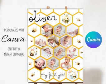 Baby Bee First Year Photo Poster: Editable 1st Birthday Collage (Digital Download)