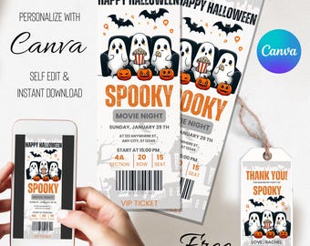 Redigerbar Canva-mall för Halloween-filmkvällsinbjudan