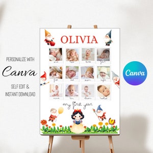 Póster de collage de fotos del primer año con temática de Blancanieves / Tablero imprimible de hitos de cumpleaños de 18 x 24 pulgadas / Plantilla de Canva personalizable / Los siete enanitos