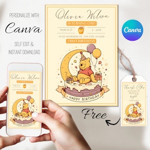 Winnie de Poeh verjaardagsuitnodiging set-5 x 7 afdrukbare & 1080 x 1920 digitale uitnodiging + gratis bedankkaart van 2 x 3,5 | Aanpasbare canvassjabloon