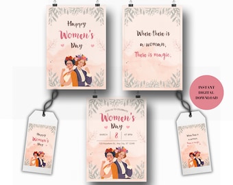 Women's Day Bundle: Empowerment Celebration Card, Gift Tags & Invitation Template - Instant Download PDF/PNG/SVG - Editable Canva Template