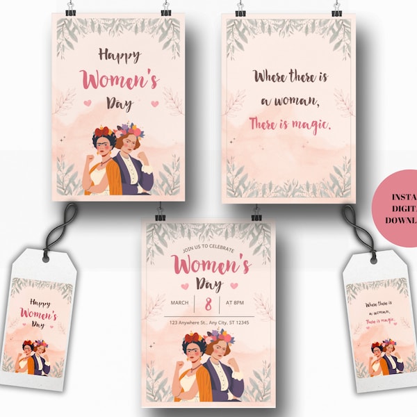 Women's Day Bundle: Empowerment Celebration Card, Gift Tags & Invitation Template - Instant Download PDF/PNG/SVG - Editable Canva Template