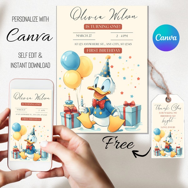 Editable Duck Birthday Invitation + FREE Thank You Card - Customizable on Canva, Printable & Digital Download