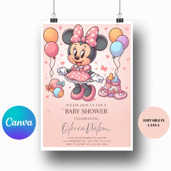 Minnie Mouse Themed Digital Baby Shower Invitation | 5x7 Inches | Editable on Canva | JPG, PNG, PDF | Instant Download!
