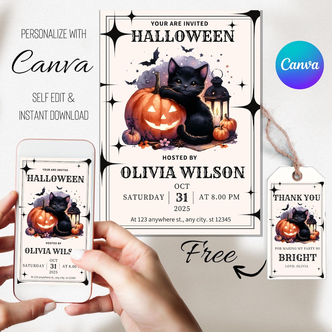 Editable Black Cat Halloween Party Invitation, Halloween Invitation ...